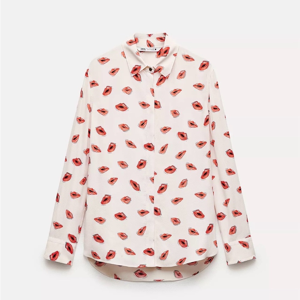 Zara White Button-Down Shirt with Red Lip Print